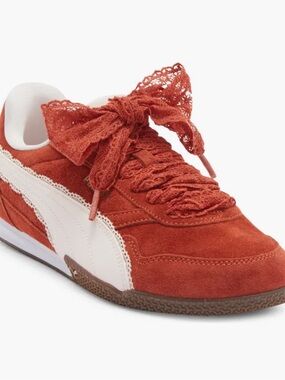 Puma Women's Rust Suede Lace-Bow Sneaker with White Stripe
